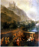 F. Messmer - W. Pohl: Prímas Imrich Esterházy víta 20. júna 1741 Máriu Teréziu na hranici Uhorska pri  Wolfsthali - ilustrácia z knihy Bratislavský hrad za Márie Terézie