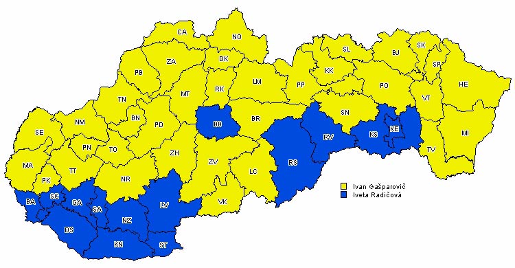 Ako volili jednotlivé obvody I. Gašparoviča a I. Radičovú