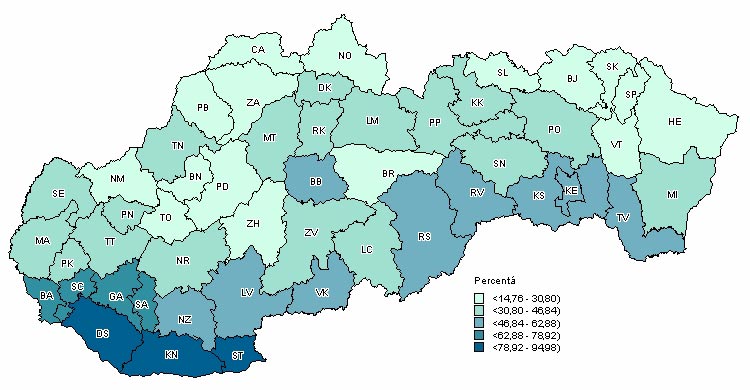 Share of valid votes for individual candidates by territorial districts - Iveta Radicova - presidential election 2009