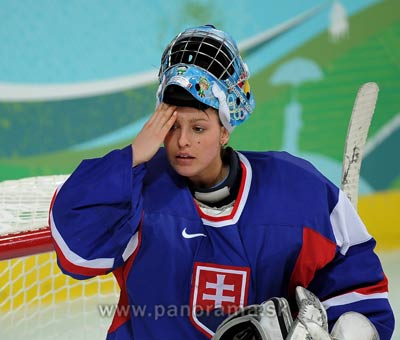 It is not an easy task to be Slovak women ice hockey goalkeeper. Zuzana Tomcikova during Russia - Slovakia (4:2) match at the Winter Olympics.