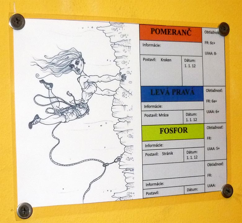 Lezecká hala K2 v Bratislave - označenie ciest s karikatúrou