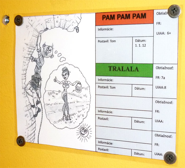 Lezecká hala K2 v Bratislave - označenie ciest s karikatúrou