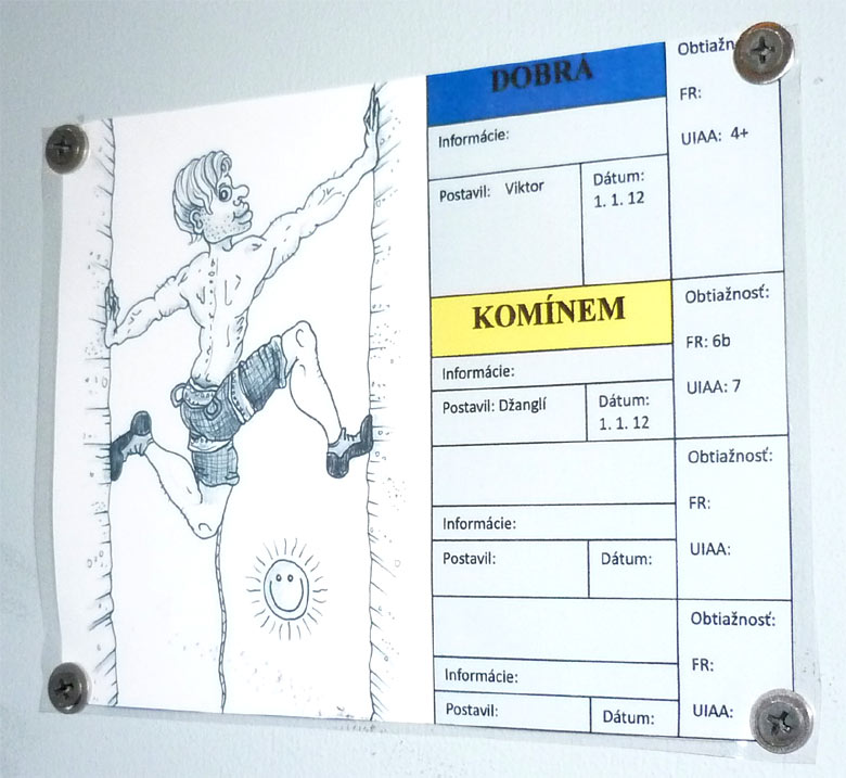 Lezecká hala K2 v Bratislave - označenie ciest s karikatúrou