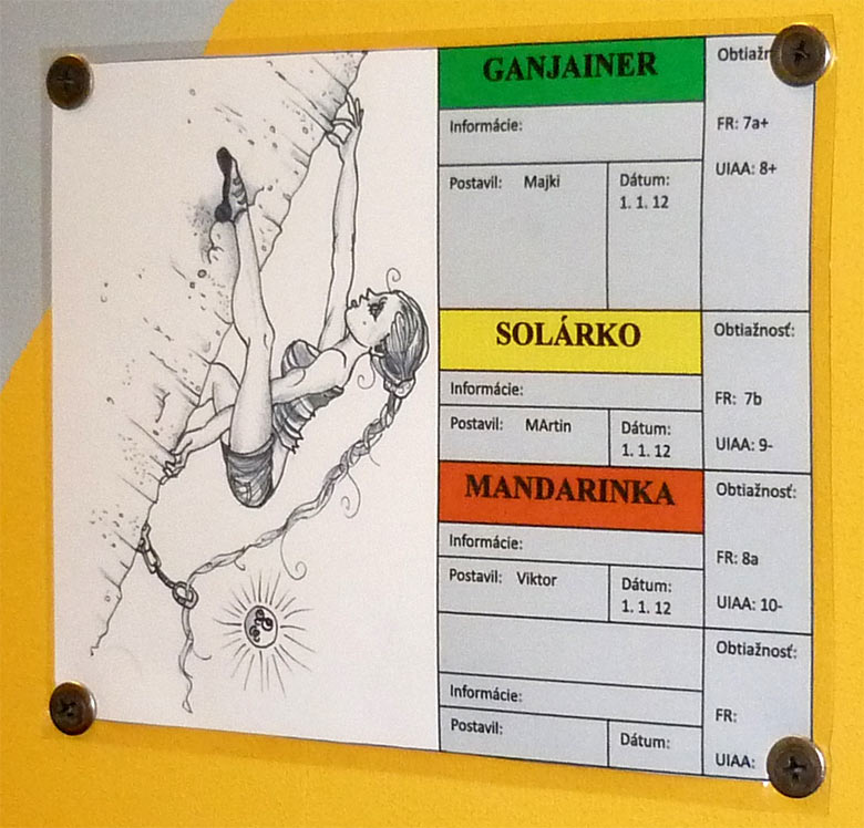 Lezecká hala K2 v Bratislave - označenie ciest s karikatúrou