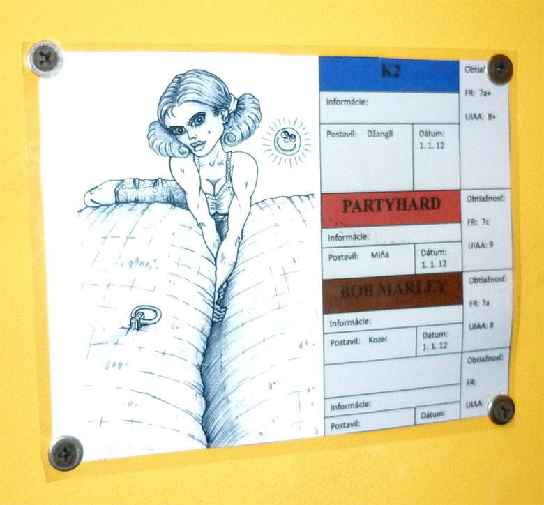 Lezecká hala K2 v Bratislave - označenie ciest s karikatúrou