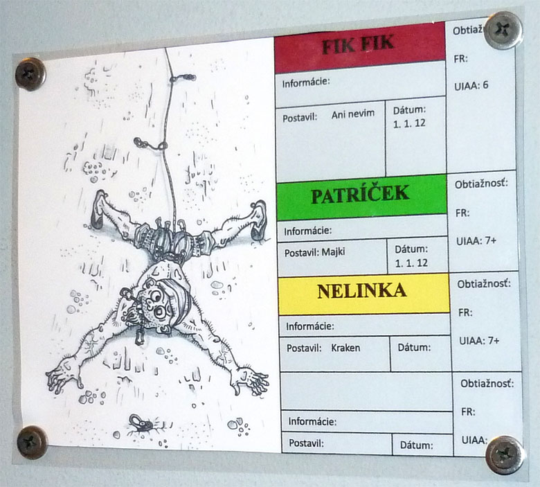 Lezecká hala K2 v Bratislave - označenie ciest s karikatúrou