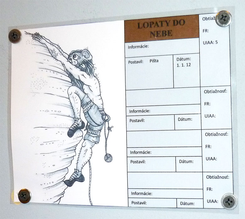 Lezecká hala K2 v Bratislave - označenie ciest s karikatúrou