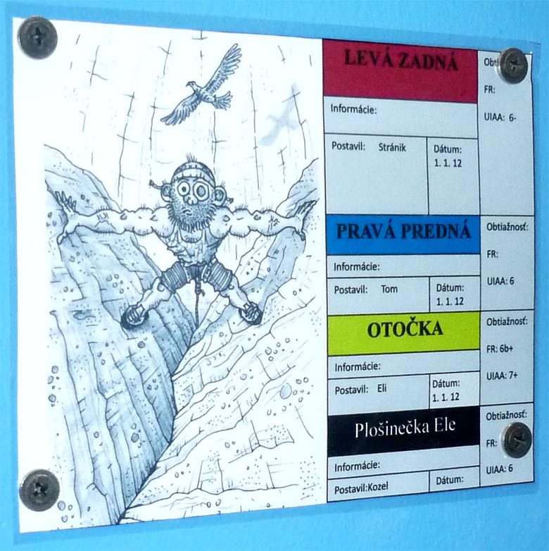 Lezecká hala K2 v Bratislave - označenie ciest s karikatúrou