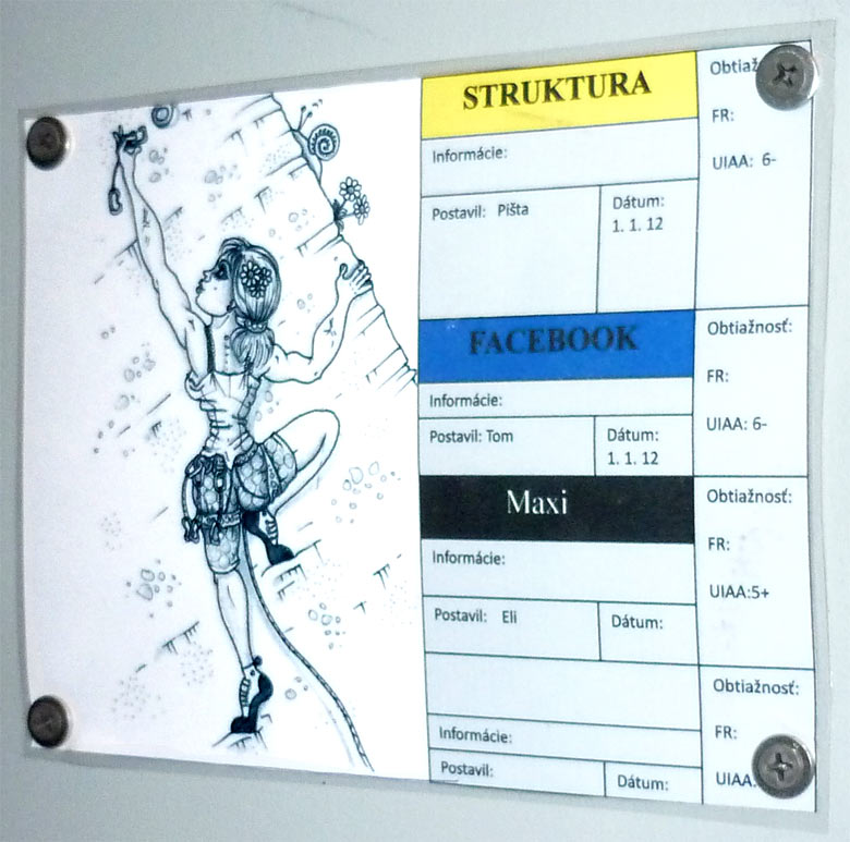 Lezecká hala K2 v Bratislave - označenie ciest s karikatúrou