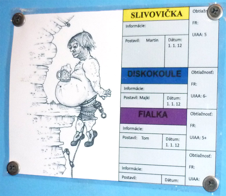 Lezecká hala K2 v Bratislave - označenie ciest s karikatúrou