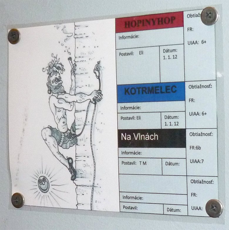 Lezecká hala K2 v Bratislave - označenie ciest s karikatúrou