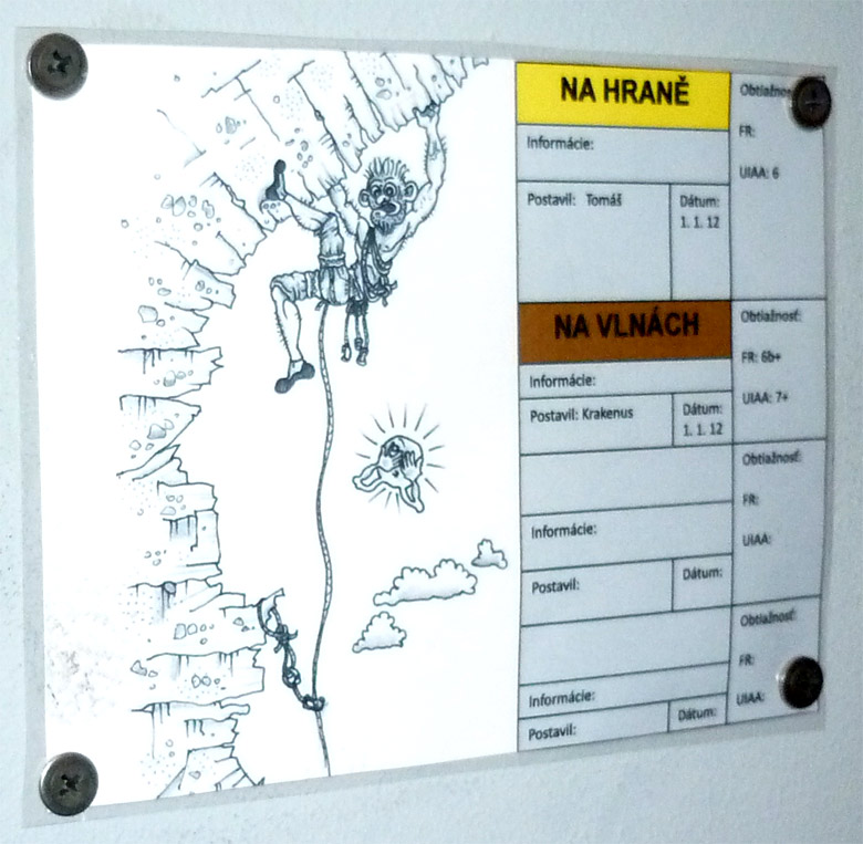 Lezecká hala K2 v Bratislave - označenie ciest s karikatúrou