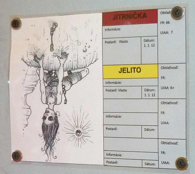 Lezecká hala K2 v Bratislave - označenie ciest s karikatúrou