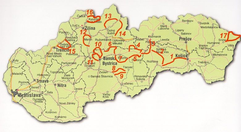 Schematická mapa trás zaradených do sprievodcu Slovenskom na biku