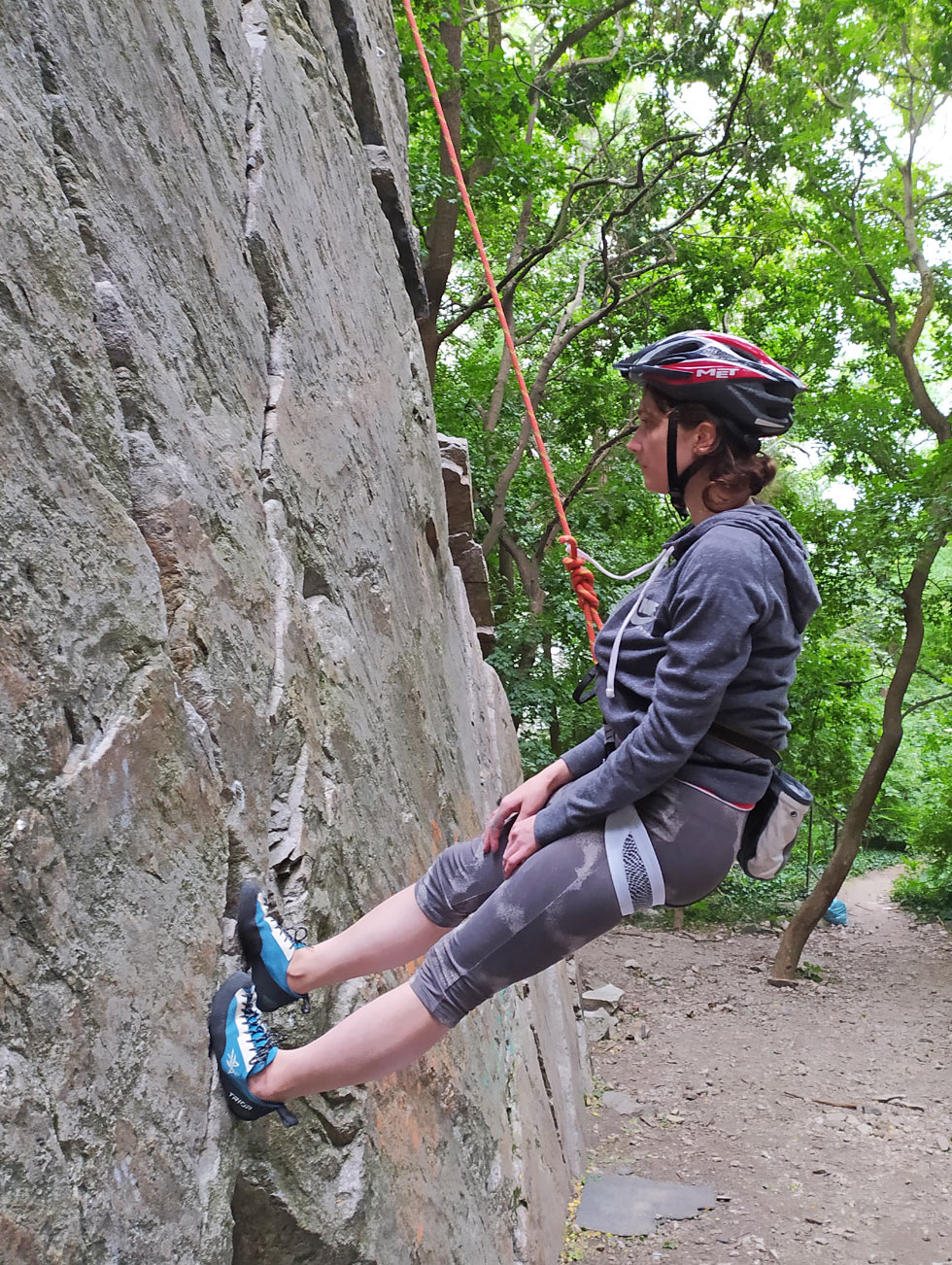 Veronica hypnotizes the wall. Interestingly, it helped. She finally climbed the Diretka Route