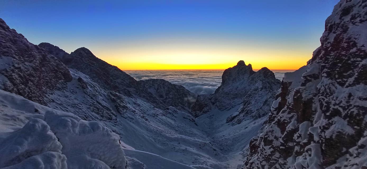 Upper part of Mala Studena Dolina Valley - Dolinka pod Sedielkom. There is frozen Modre Pleso Tarn in middle bottom part of the picture. November 30, 2020