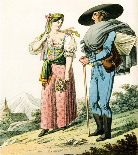 Dievča a olejkár z Turca, kolorovaná rytina podľa kresby J. H. Bikessyho, 1820