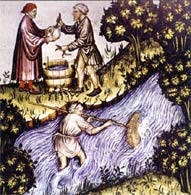 Ilustrácia zo začiatku 15. storočia - rybár a predavač so žabou v ruke - z knihy S vareškou dvoma tisícročiami