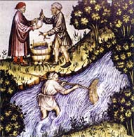 Ilustrácia zo začiatku 15. storočia - rybár a predavač so žabou v ruke - z knihy S vareškou dvoma tisícročiami