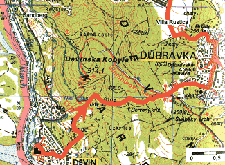 Mapa pešej trasy Devín - Dúbravka
