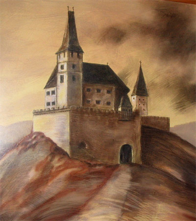 Čachtický hrad kedysi na maľbe v Čachtickom múzeu.
