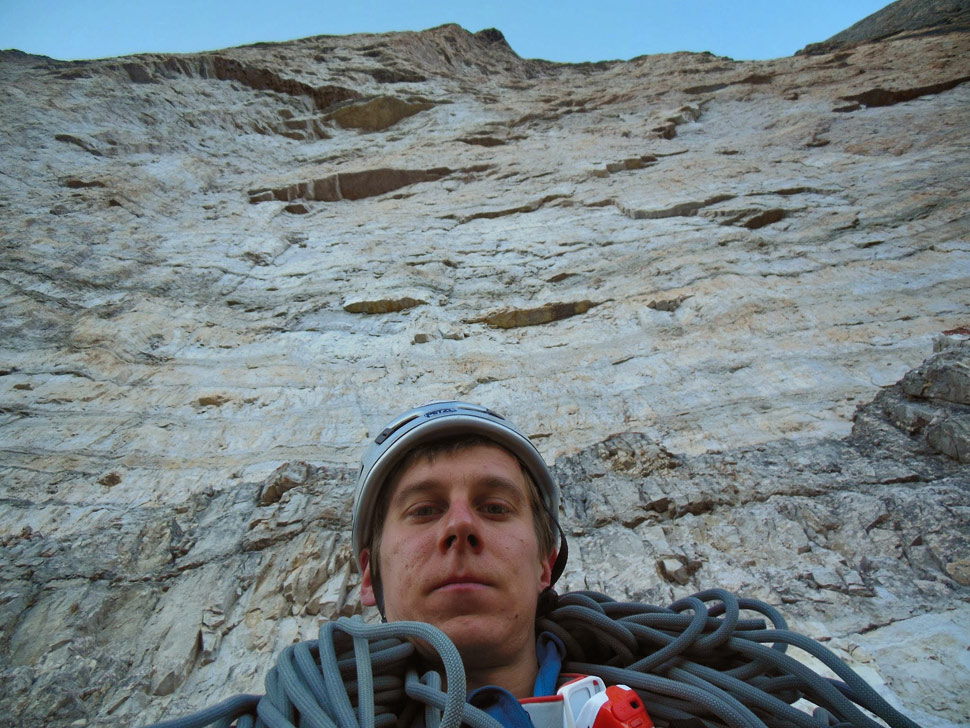 Selfie by climber Marek Balent below Cima Grande wall