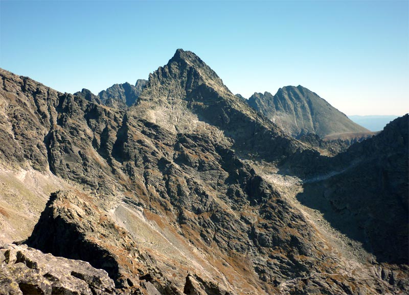 A view to Sedlo Vaha Saddle with the path to Rysy, and Cesky Stit Peak from Volia Veza