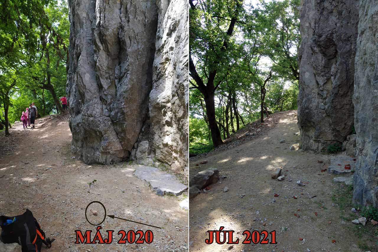 Compare how many rocks and brick fragments have been added in places where unsuspecting tourists and children roam freely