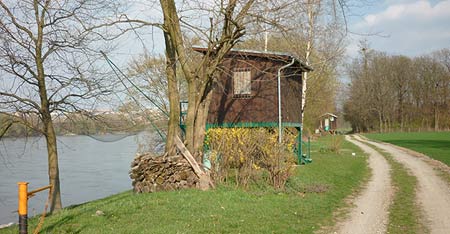 Fishers cabines  at the bank of the Danube River in Austria