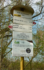 Tourists trails sign at the Slovak-Austrian border near the Danube River