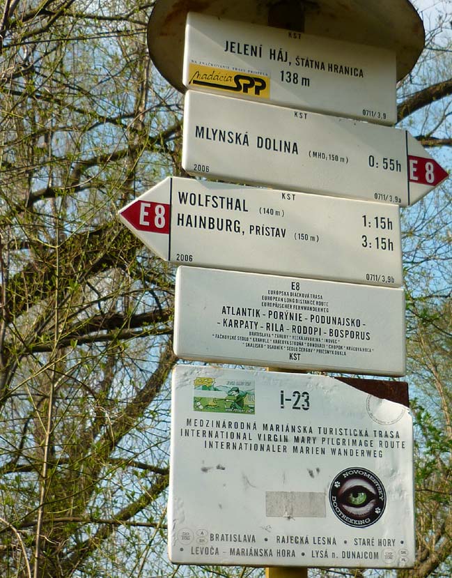 Tourists trails sign at the Slovak-Austrian border near the Danube River
