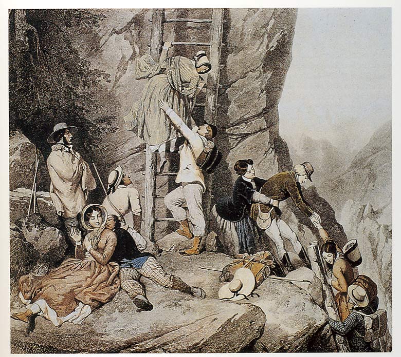 Slávna rebríková cesta z Leukerbadu do Albinenu na kolorovanej litografii Eugéna Guérarda z roku 1850