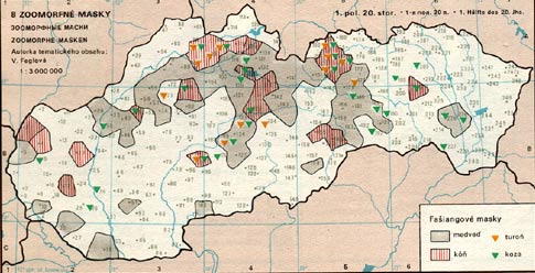 Fašiangové masky - mapka zobrazuje rozšírenie tzv. zvieracích masiek v regiónoch Slovenska